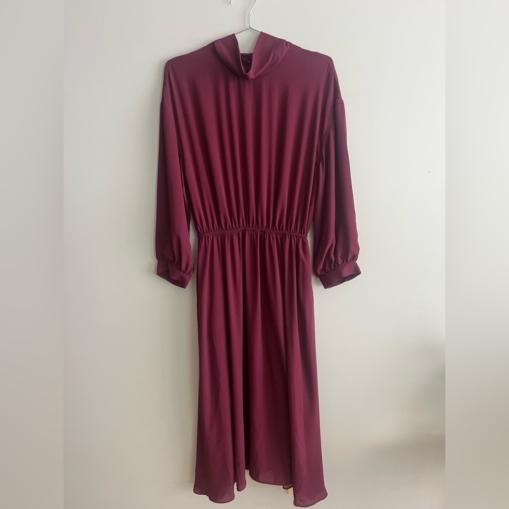 Aritzia Babaton Luke Dress Burgundy Midi Mock Neck 3/4 Sleeve A Line - Picture 2 of 12
